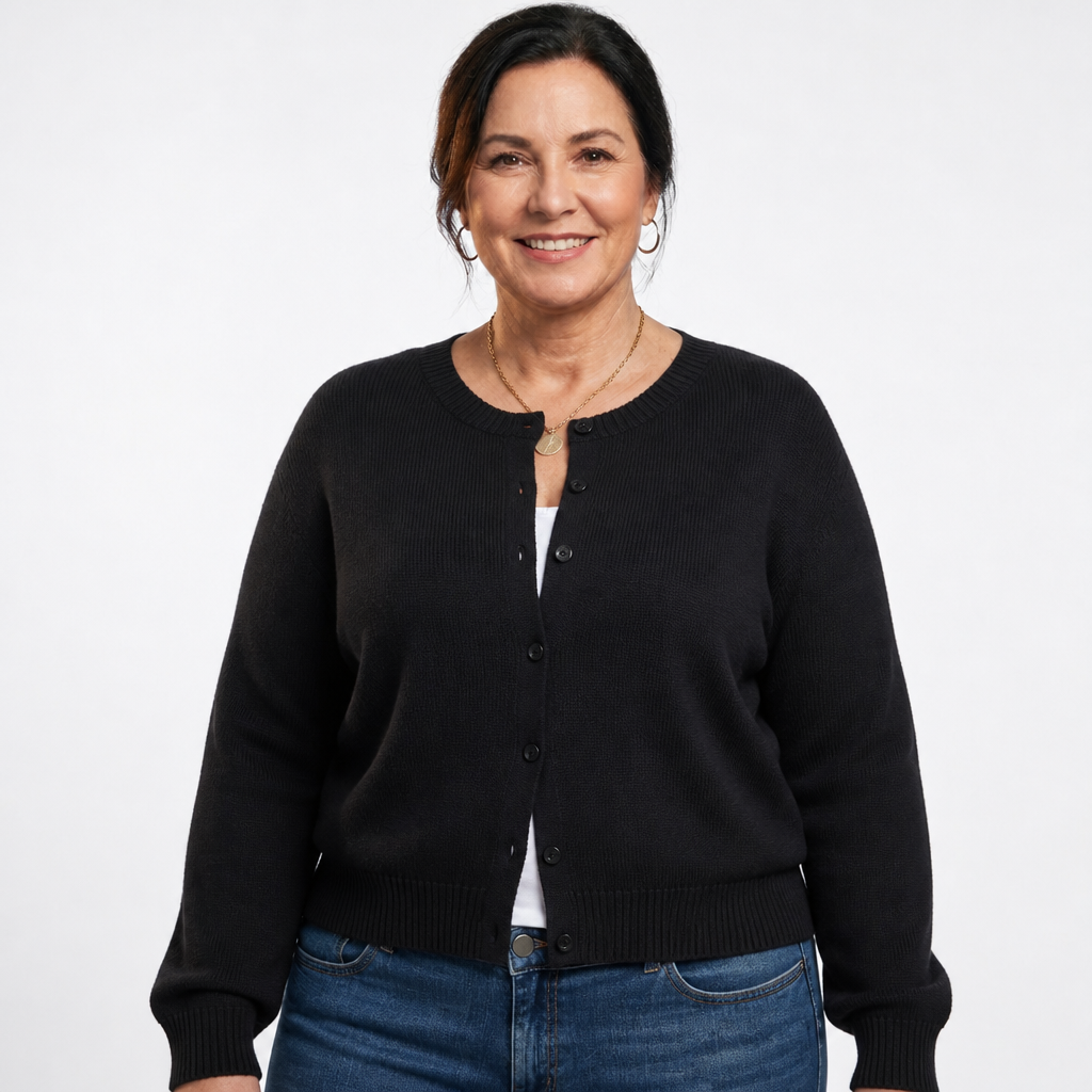 Women's Cropped Crew Neck Button Cardigan - Black