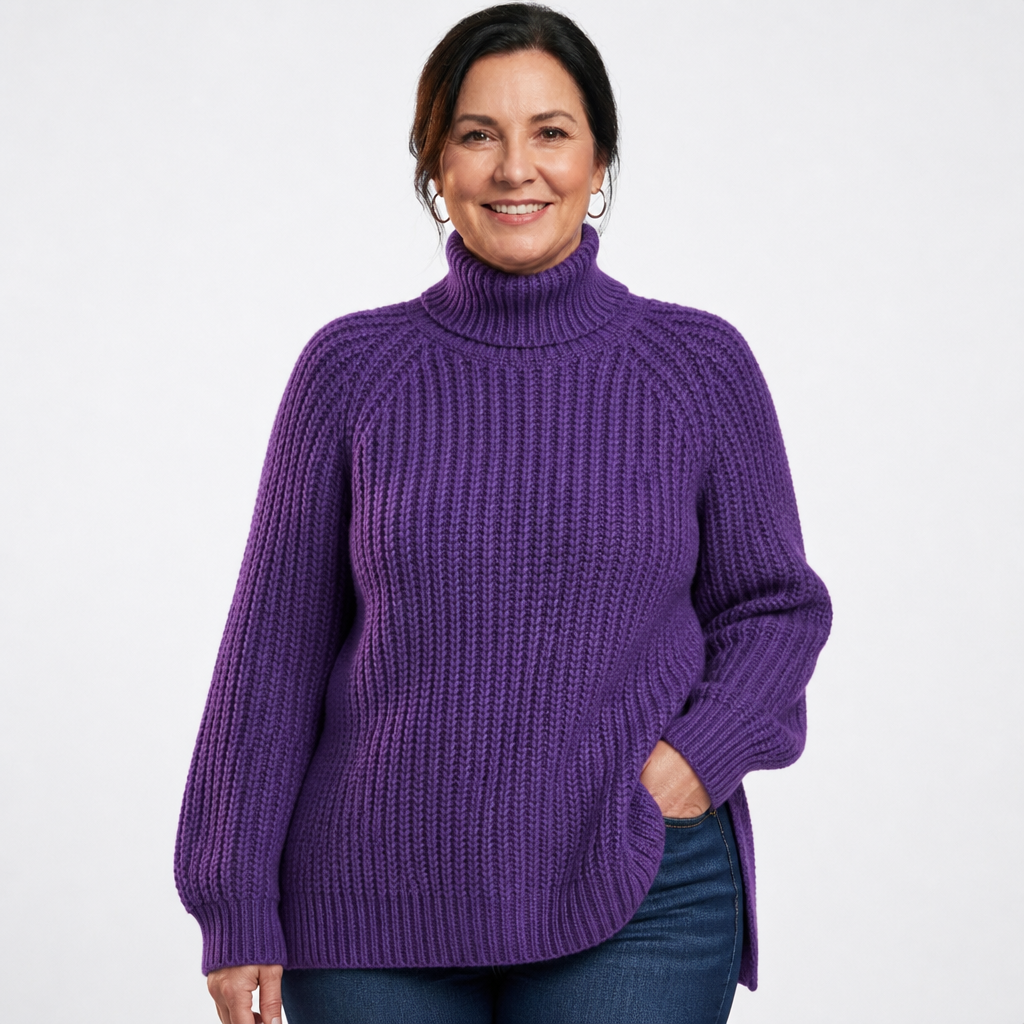Women's Longline Ribbed Turtleneck Side Slit Sweater - Purple