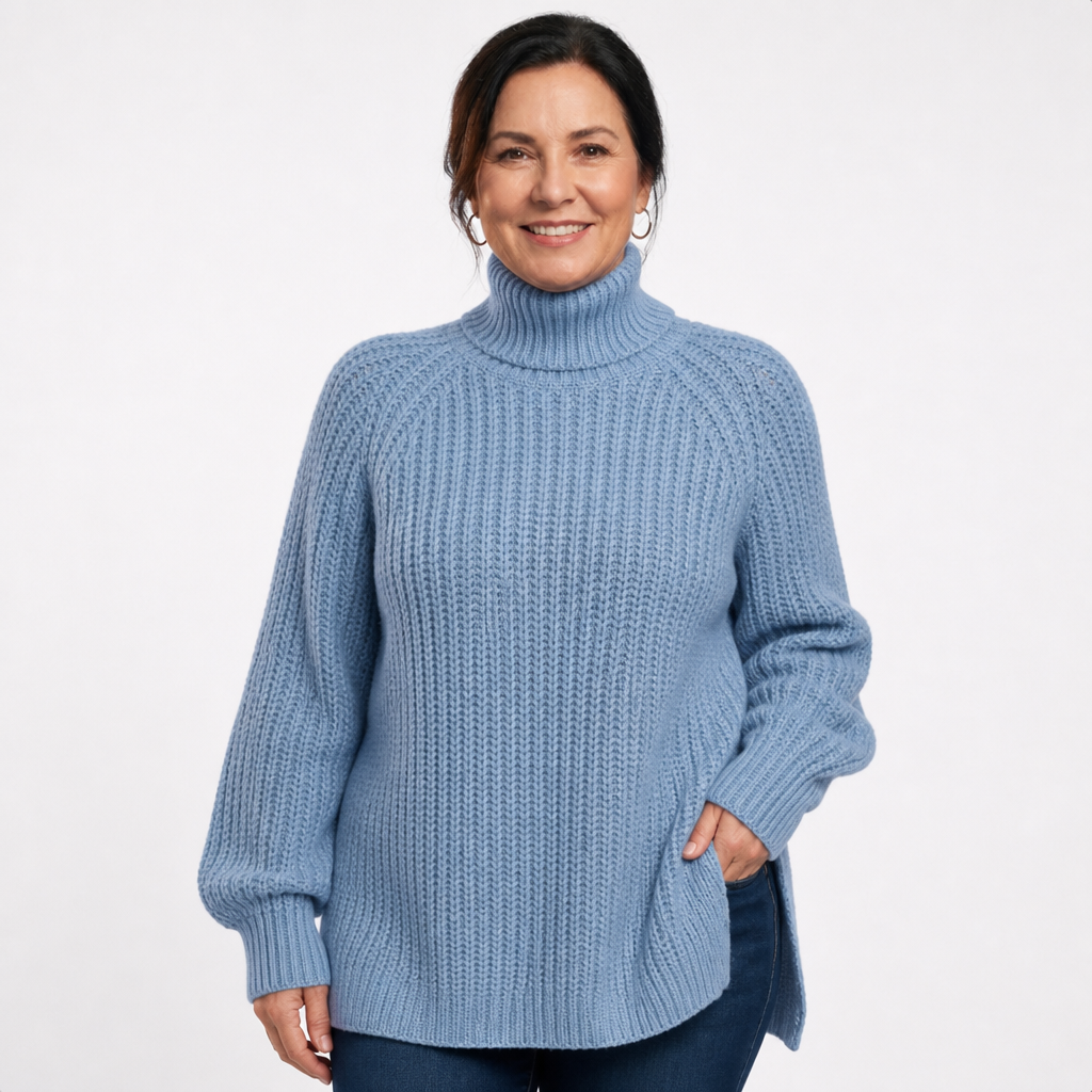 Women's Longline Ribbed Turtleneck Side Slit Sweater - Dust Blue