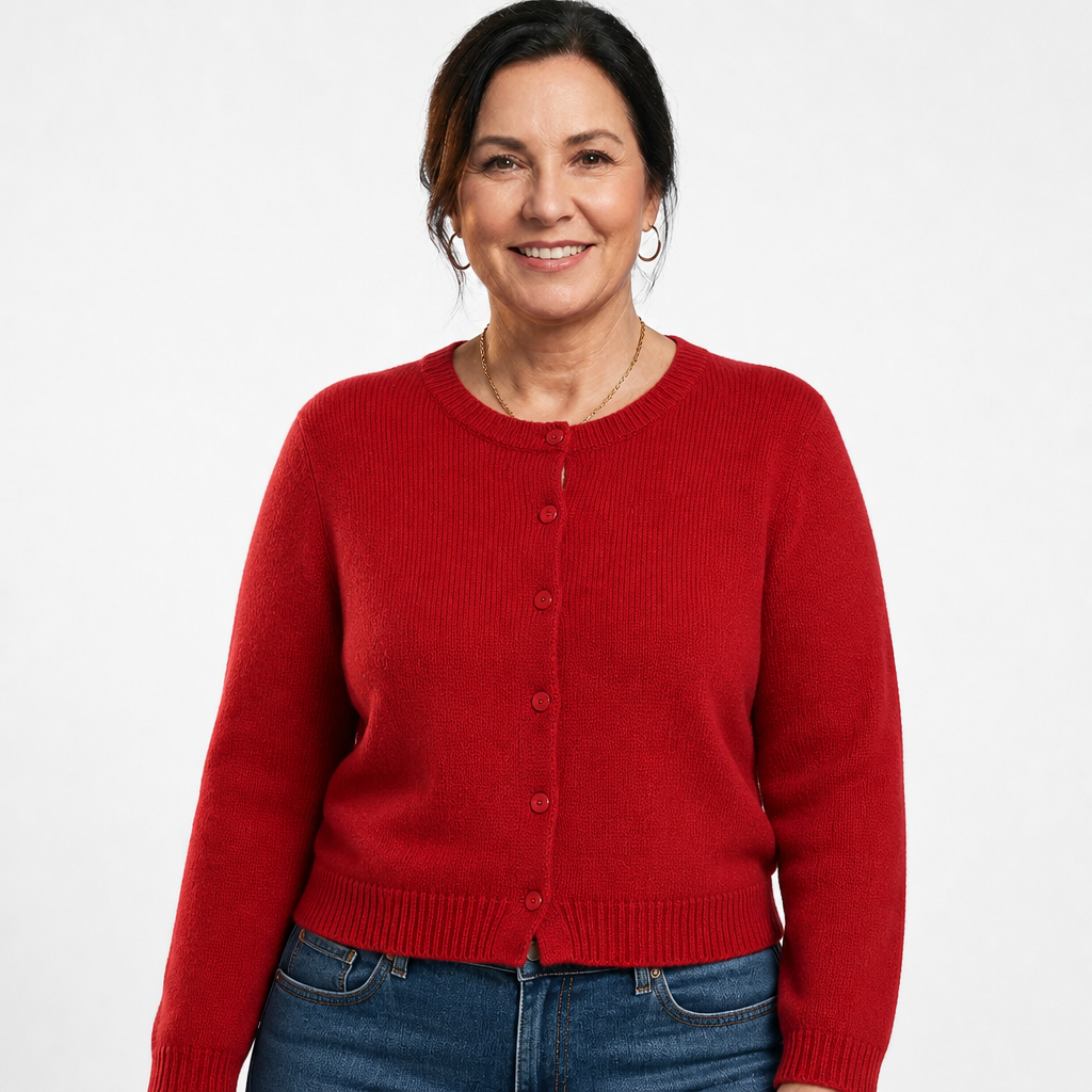 Women's Cropped Crew Neck Button Cardigan - Red