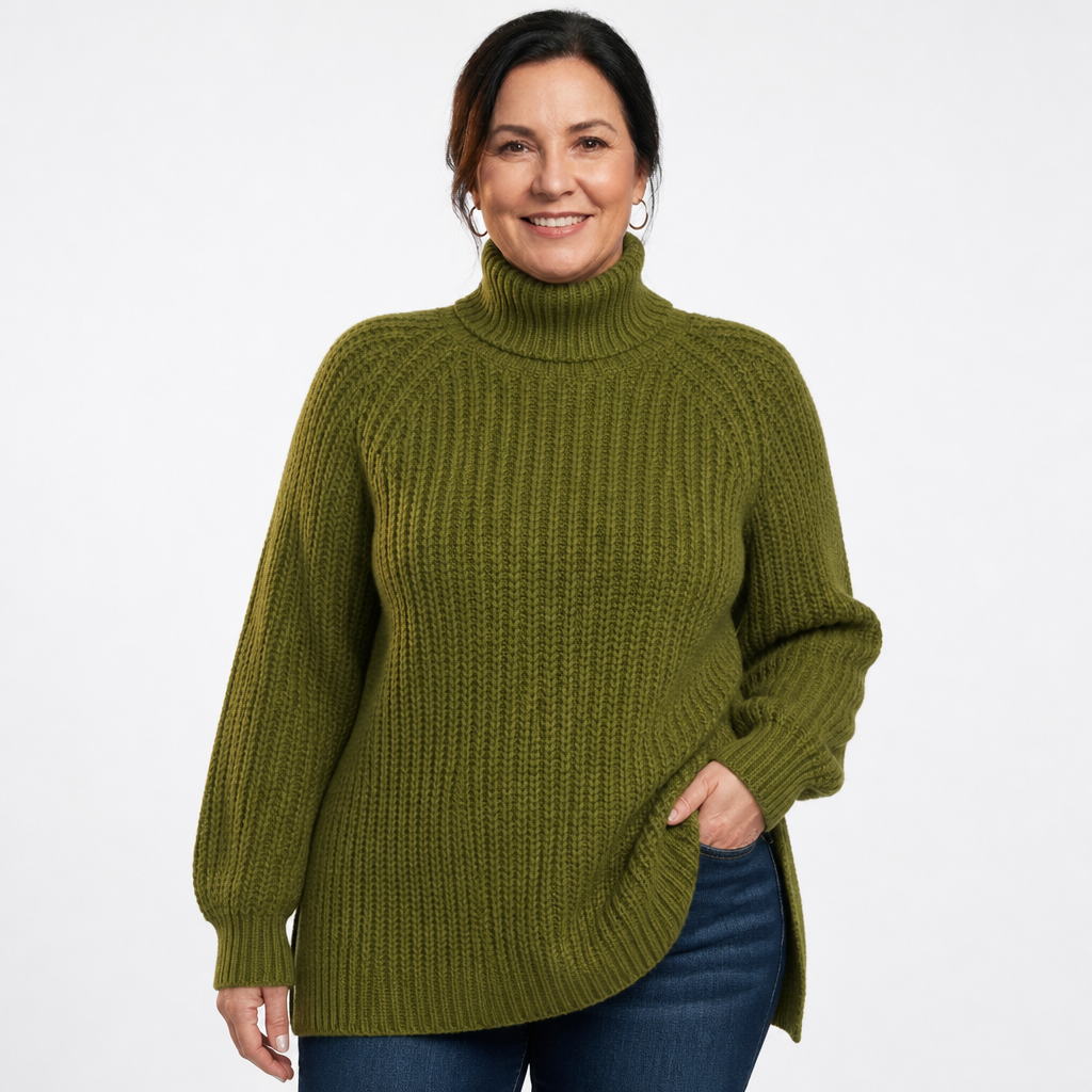 Women's Longline Ribbed Turtleneck Side Slit Sweater - Khaki