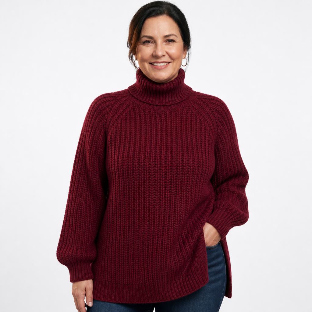 Women's Longline Ribbed Turtleneck Side Slit Sweater - Wine Red