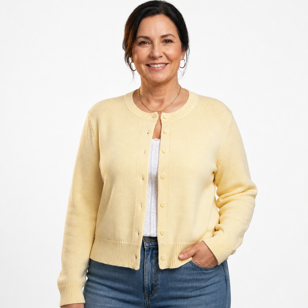 Women's Cropped Crew Neck Button Cardigan - Yellow