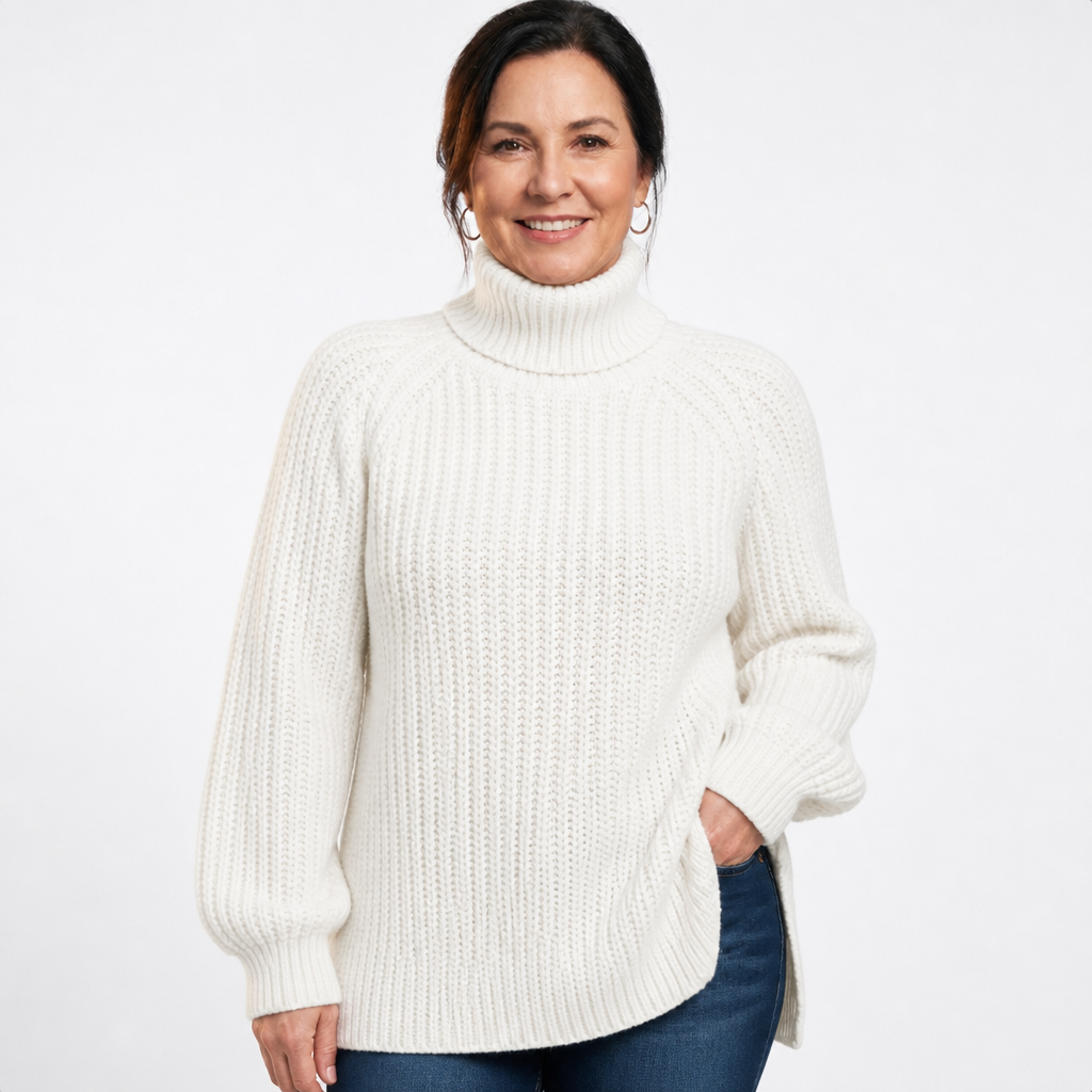 Women's Longline Ribbed Turtleneck Side Slit Sweater - White