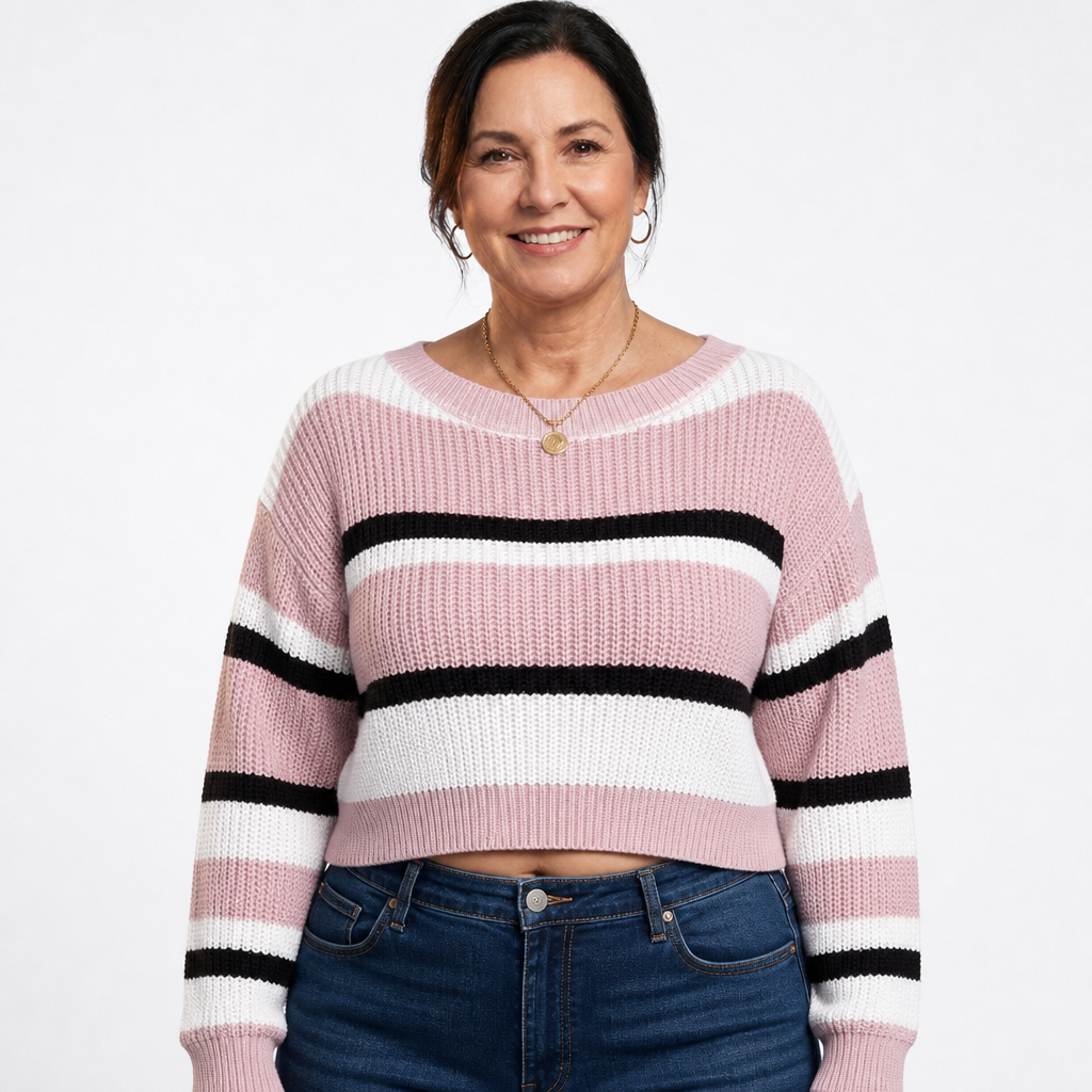 Women's Cropped Boxy Striped Sweater - Pink