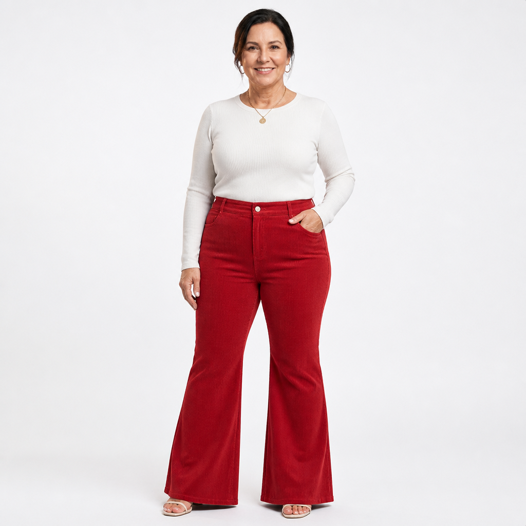 Women's Plus Size 70s Corduroy Bell Bottom Pants - Red