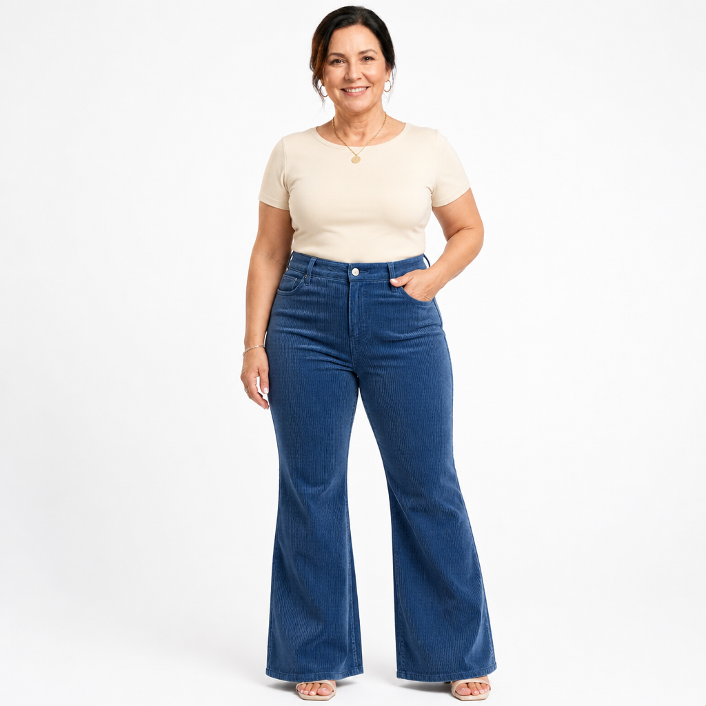 Women's Plus Size 70s Corduroy Bell Bottom Pants - Blue
