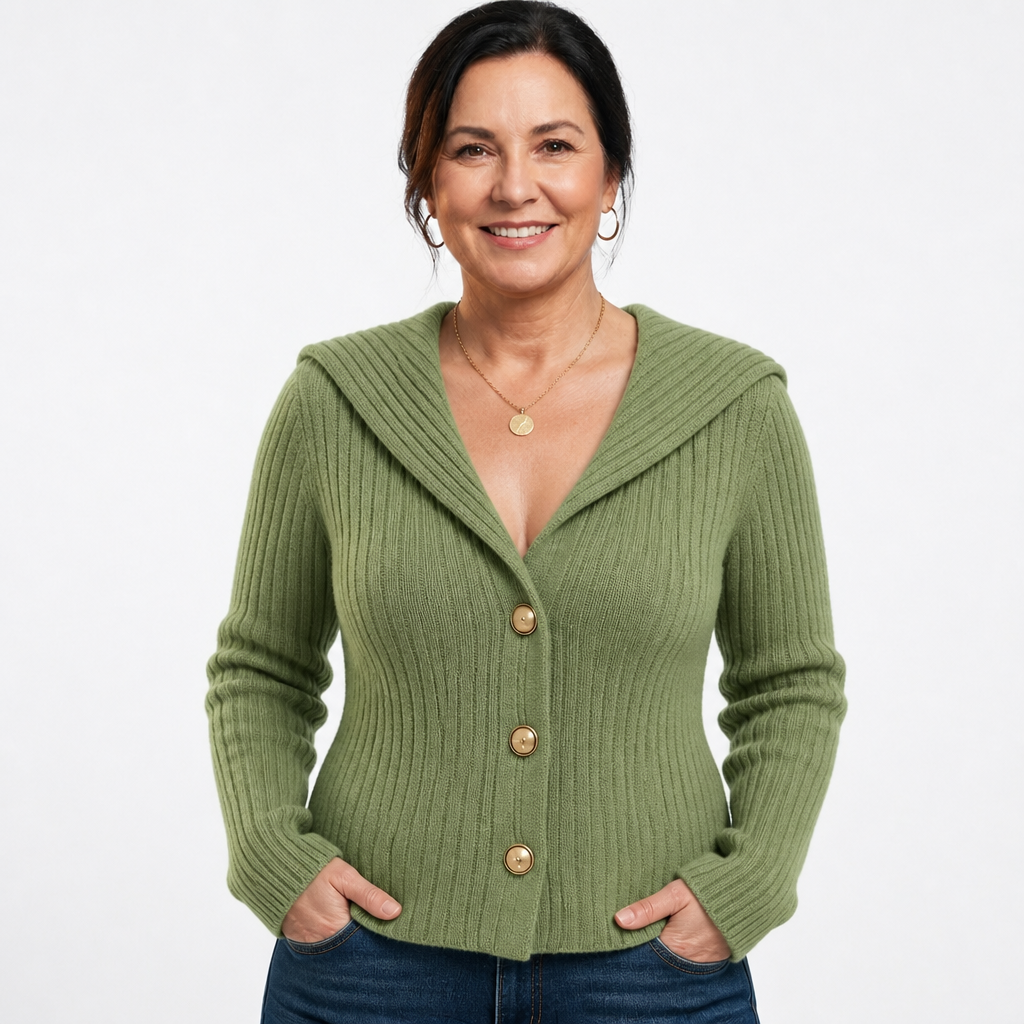 Women's Plus Size Sailor Collar Ribbed Cardigan - Green