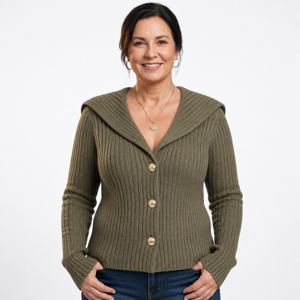 Women's Plus Size Sailor Collar Ribbed Cardigan - Khaki
