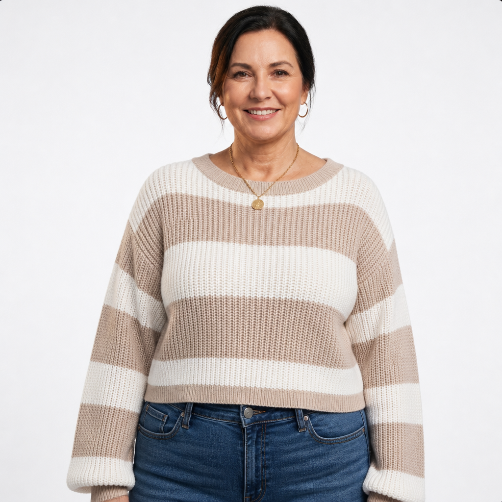 Women's Cropped Boxy Striped Sweater - Beige