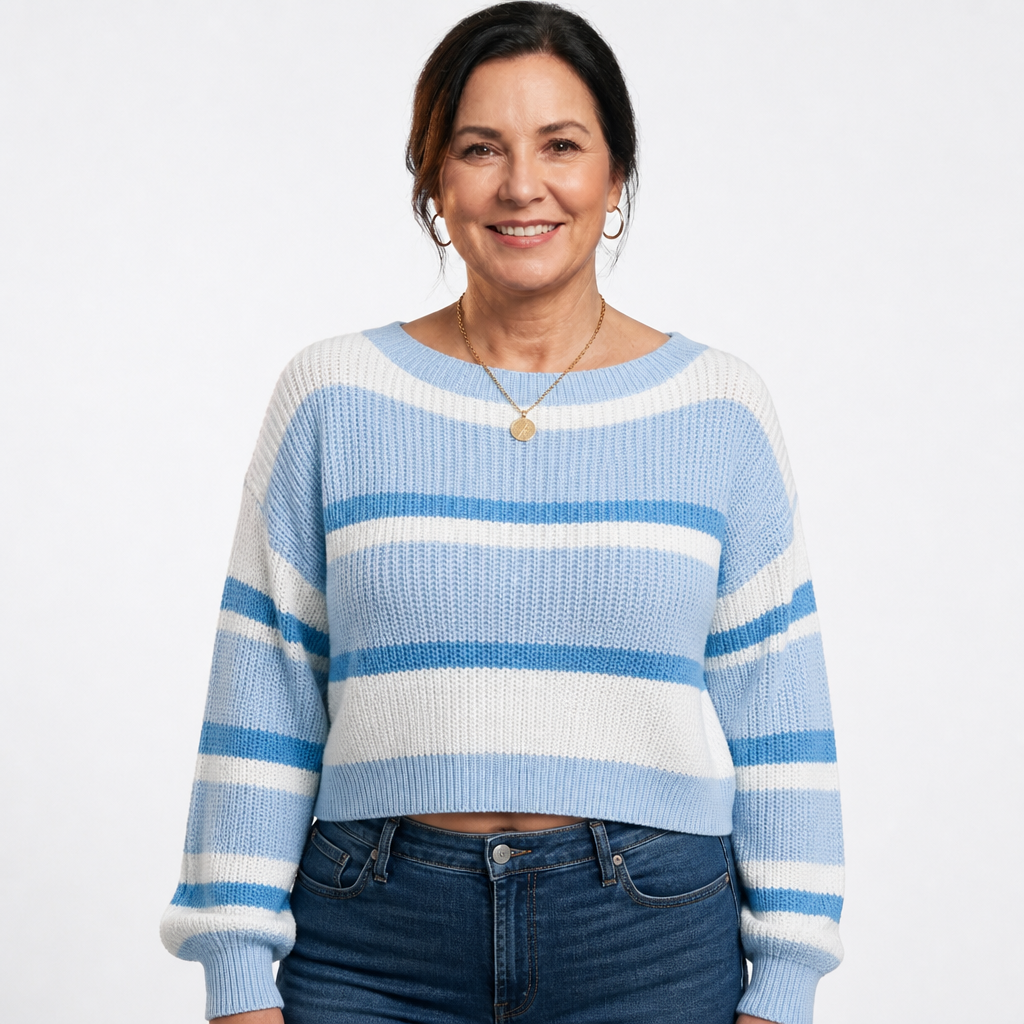 Women's Cropped Boxy Striped Sweater - Sky Blue