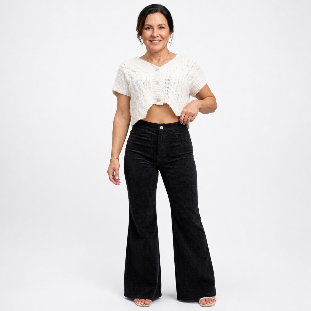 Women's Plus Size 70s Corduroy Bell Bottom Pants - Black