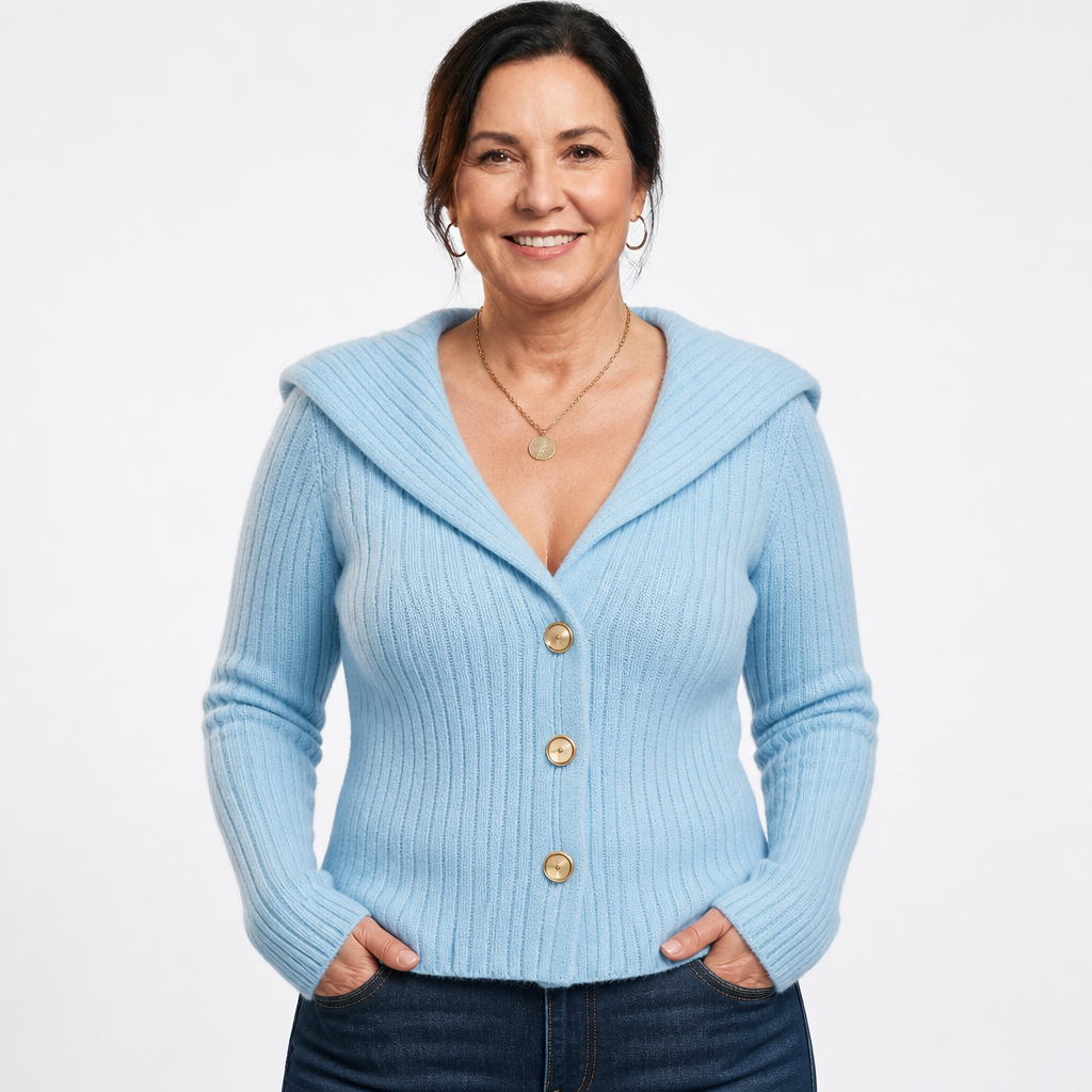 Women's Plus Size Sailor Collar Ribbed Cardigan - Sky Blue