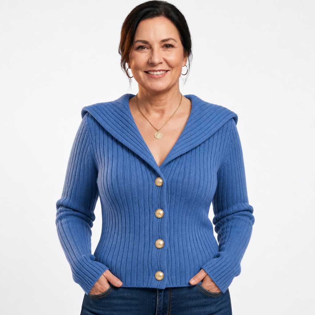 Women's Plus Size Sailor Collar Ribbed Cardigan - Blue