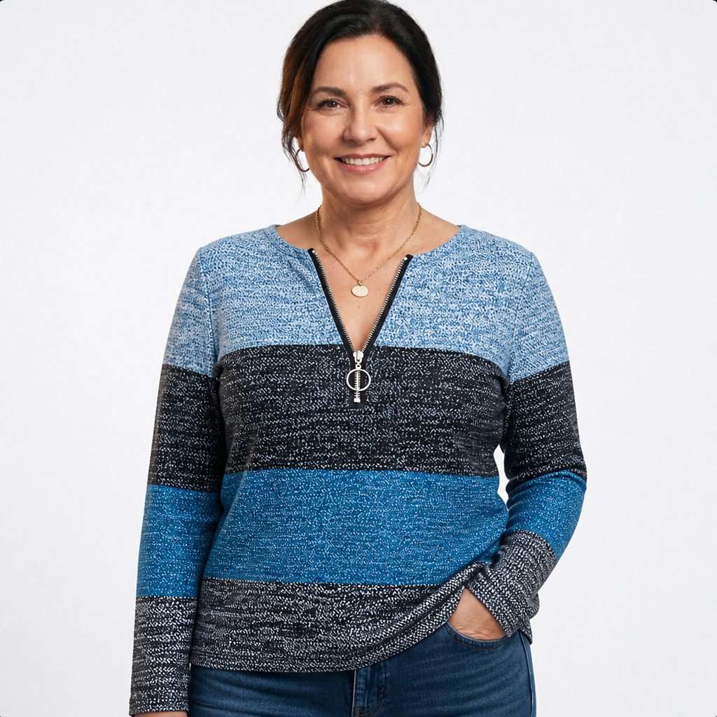 Women's Colorblock Striped Ring Zip Sweater - Blue