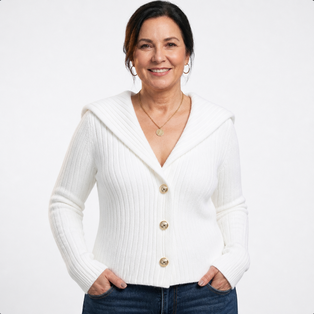 Women's Plus Size Sailor Collar Ribbed Cardigan - White
