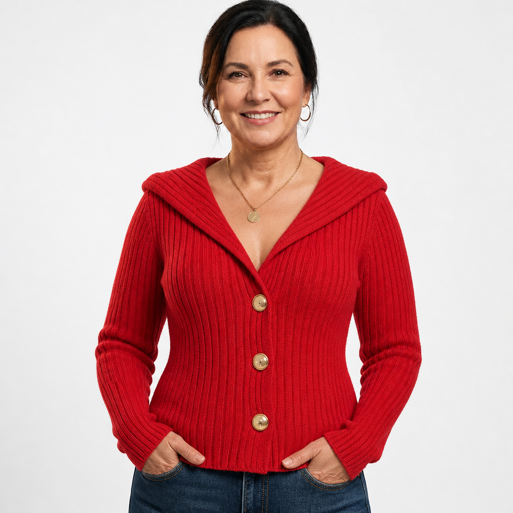 Women's Plus Size Sailor Collar Ribbed Cardigan - Red