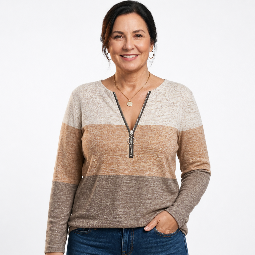 Women's Colorblock Striped Ring Zip Sweater - Tan
