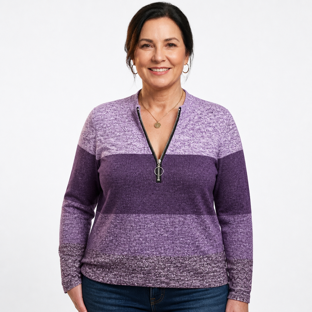 Women's Colorblock Striped Ring Zip Sweater - Purple