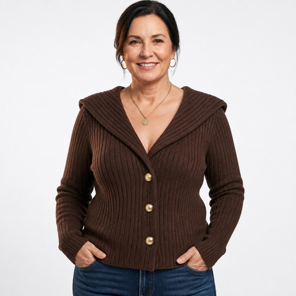 Women's Plus Size Sailor Collar Ribbed Cardigan - Brown
