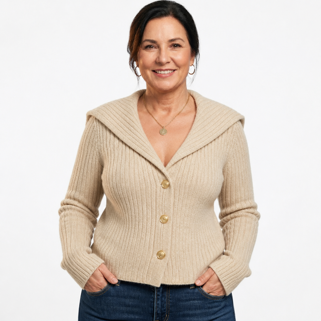 Women's Plus Size Sailor Collar Ribbed Cardigan - Beige