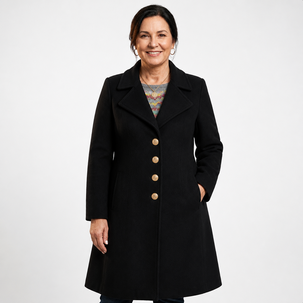 Women's Gold Button Military Style Swing Coat - Black