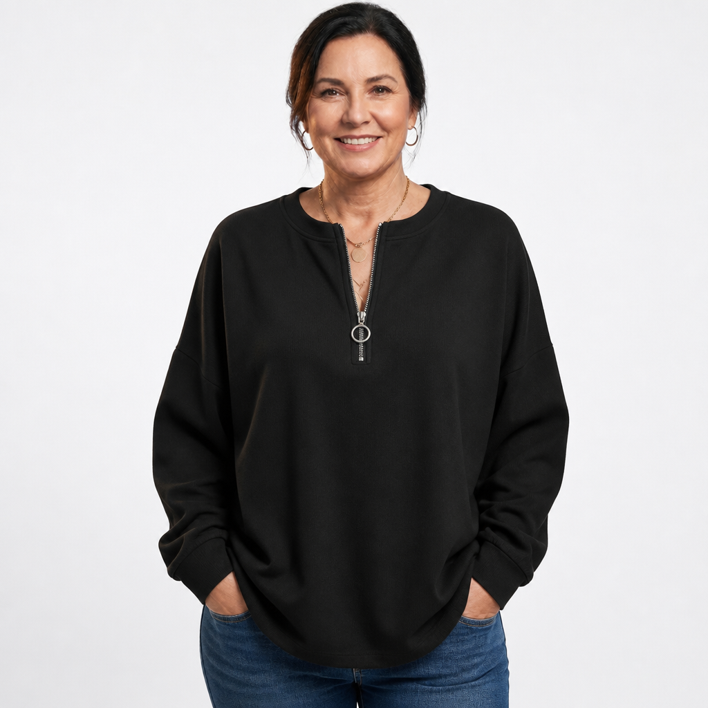Women's Oversized Boyfriend Half Zip Pullover - Black