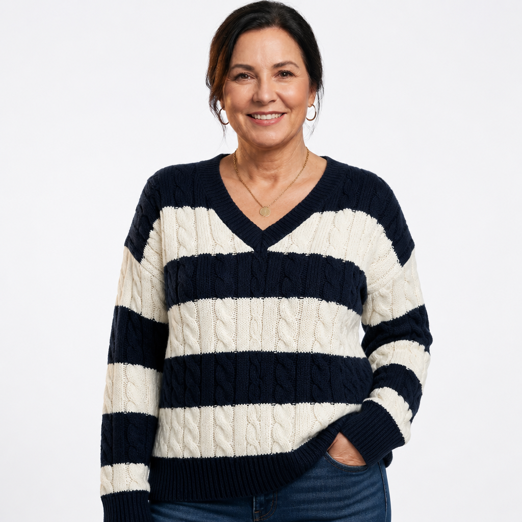 Women's Plus Size Navy Striped Cable Knit V Neck Sweater