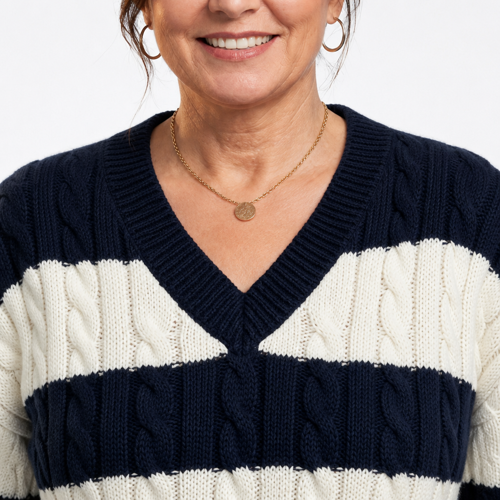 Women's Plus Size Navy Striped Cable Knit V Neck Sweater - Navy Blue detail