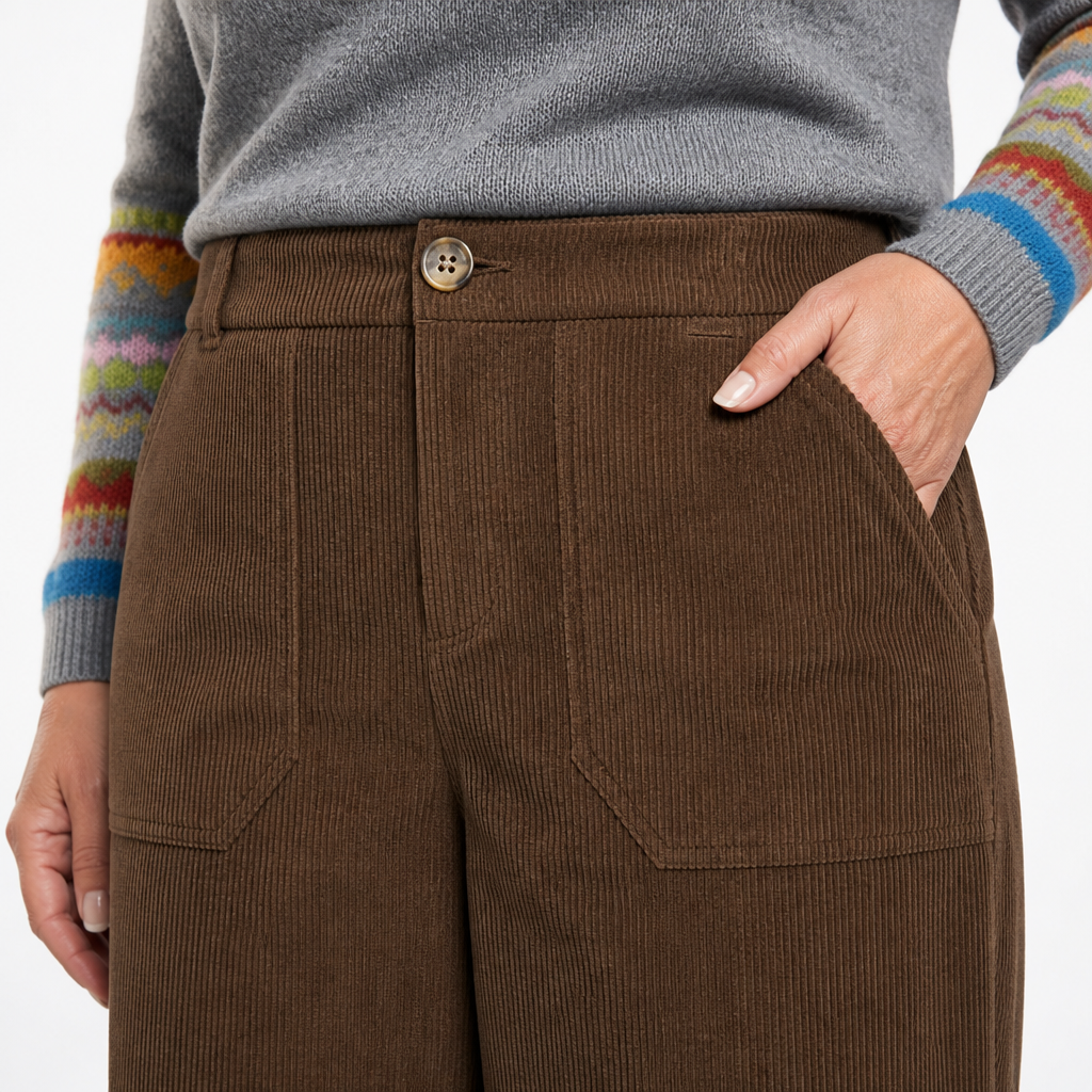 Women's Elastic Back Wide Leg Corduroy Pants - Dark Brown detail
