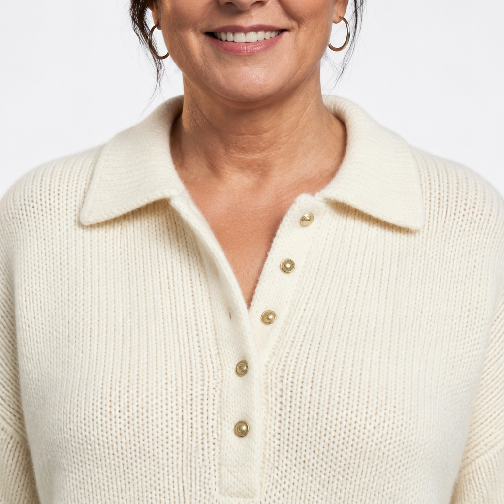 Women's Collared Half Button Polo Sweater - White detail