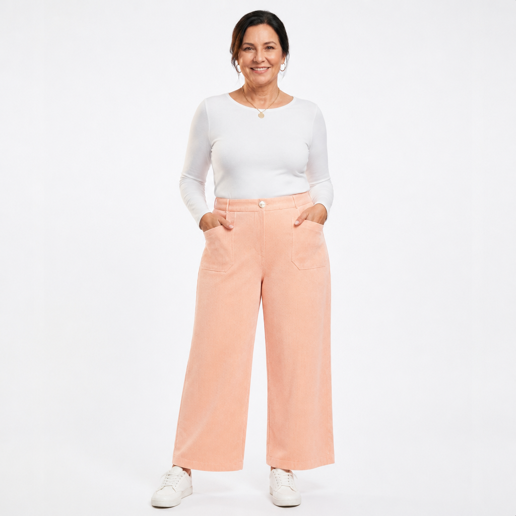Women's Elastic Back Wide Leg Corduroy Pants - Apricot