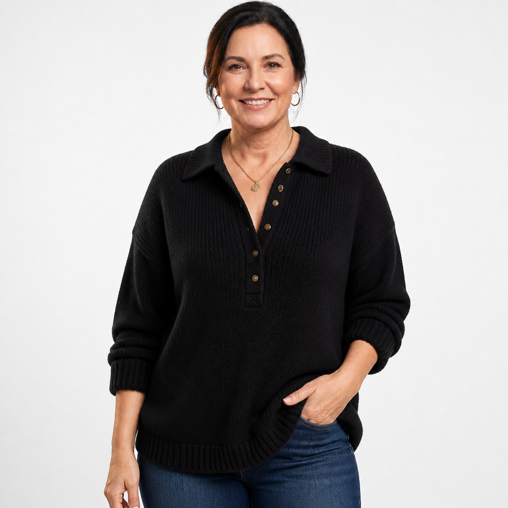 Women's Collared Half Button Polo Sweater - Black