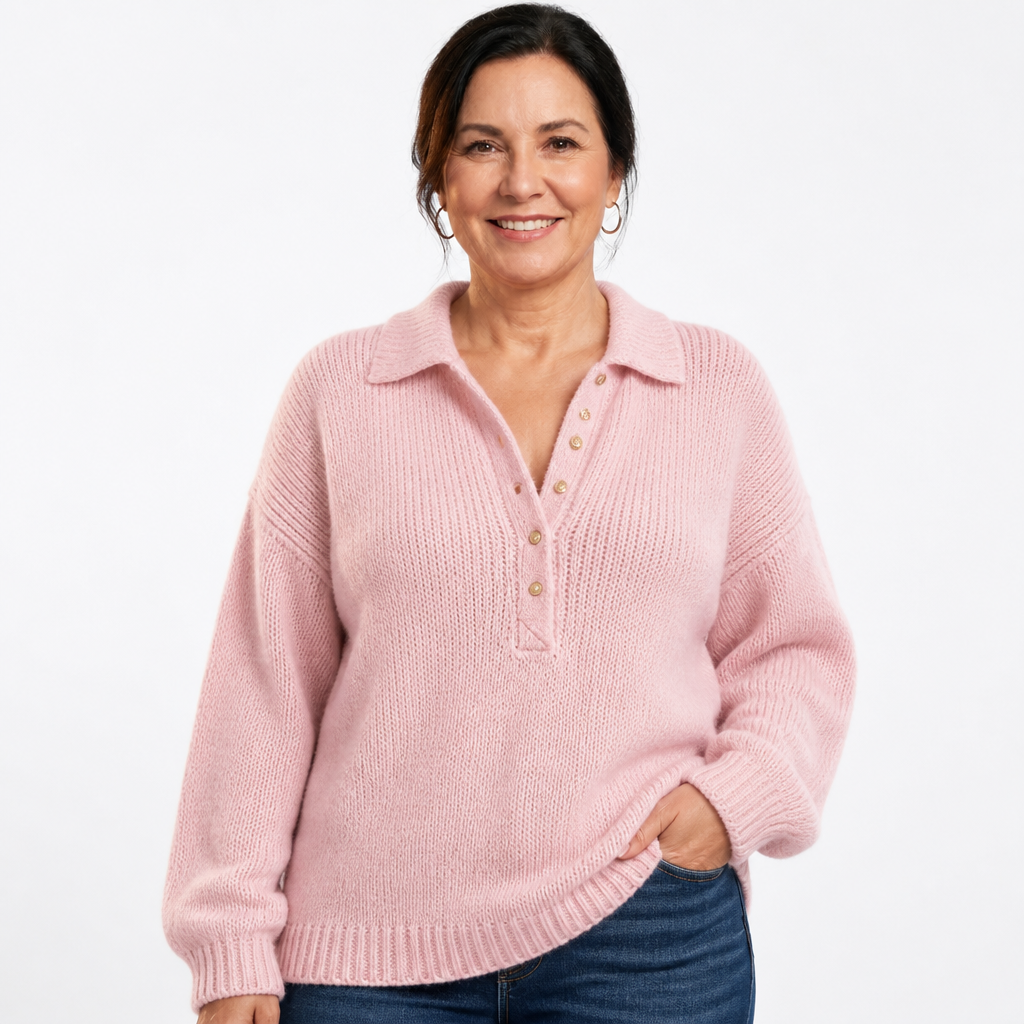 Women's Collared Half Button Polo Sweater - Pink