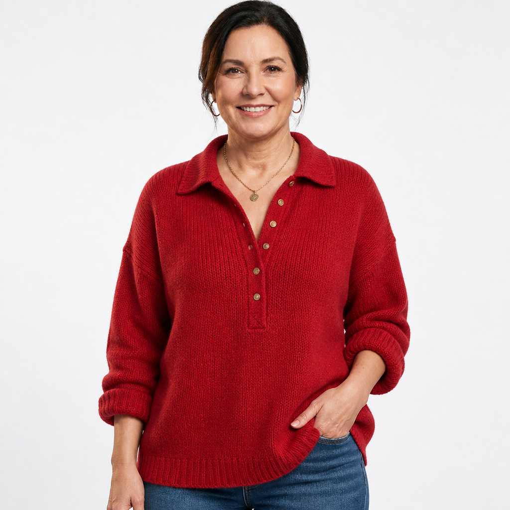 Women's Collared Half Button Polo Sweater - Red