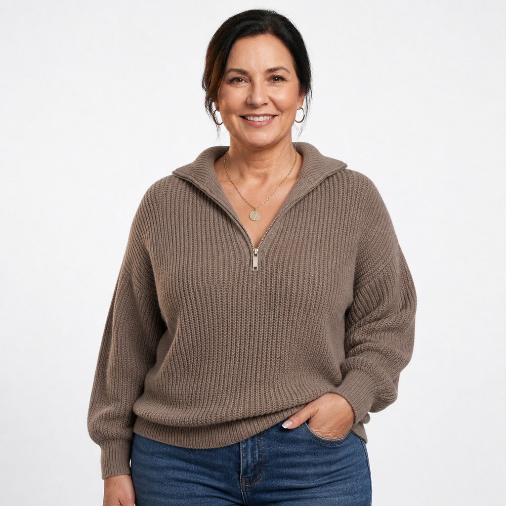Women's Collared Half Zip Chunky Knit Sweater - Brown
