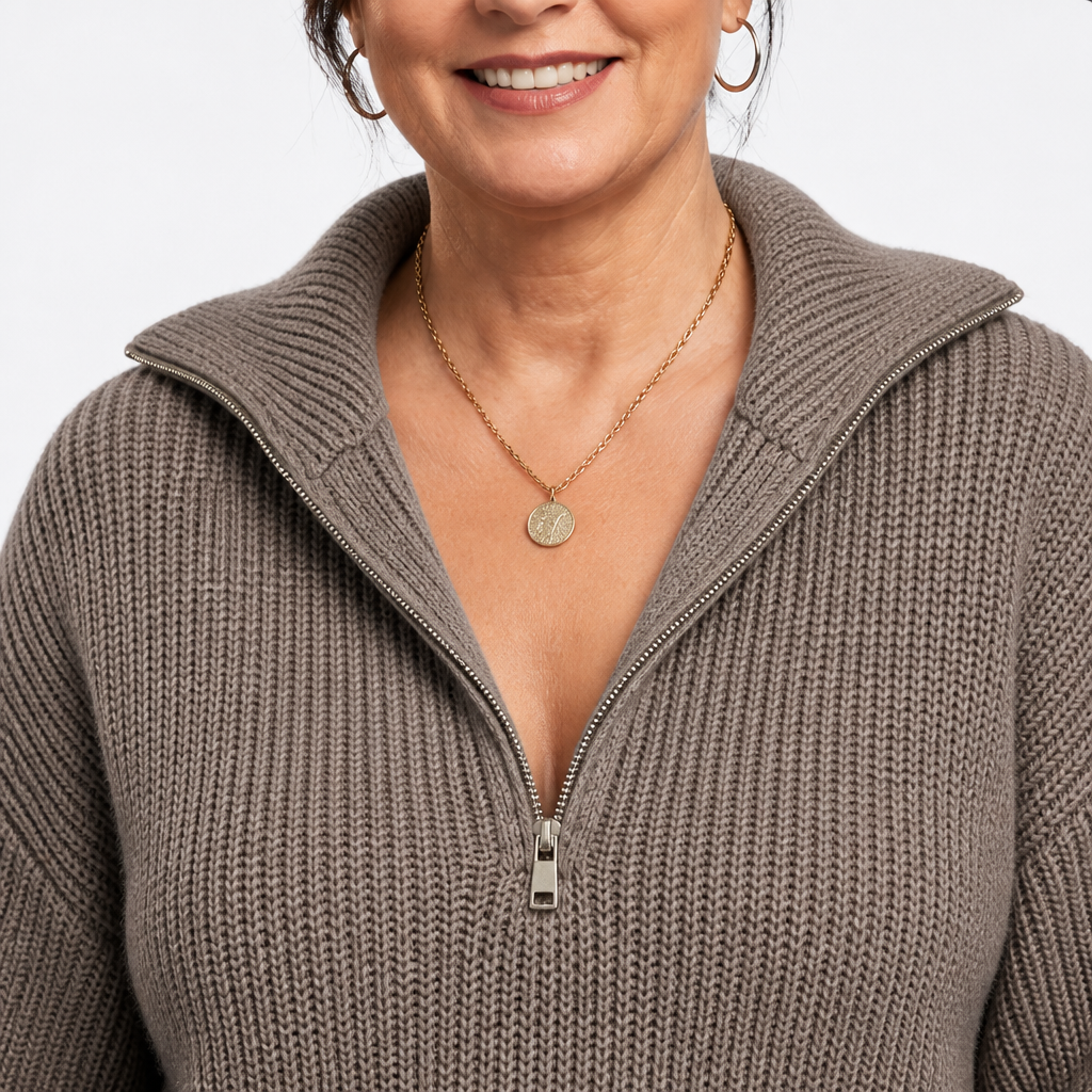 Women's Collared Half Zip Chunky Knit Sweater - Brown detail