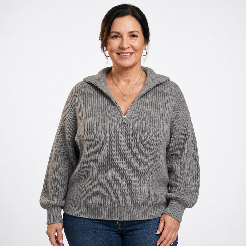 Women's Collared Half Zip Chunky Knit Sweater - Gray