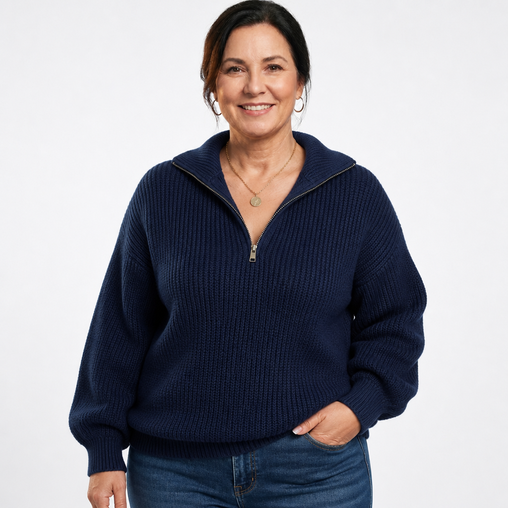 Women's Collared Half Zip Chunky Knit Sweater - Navy Blue