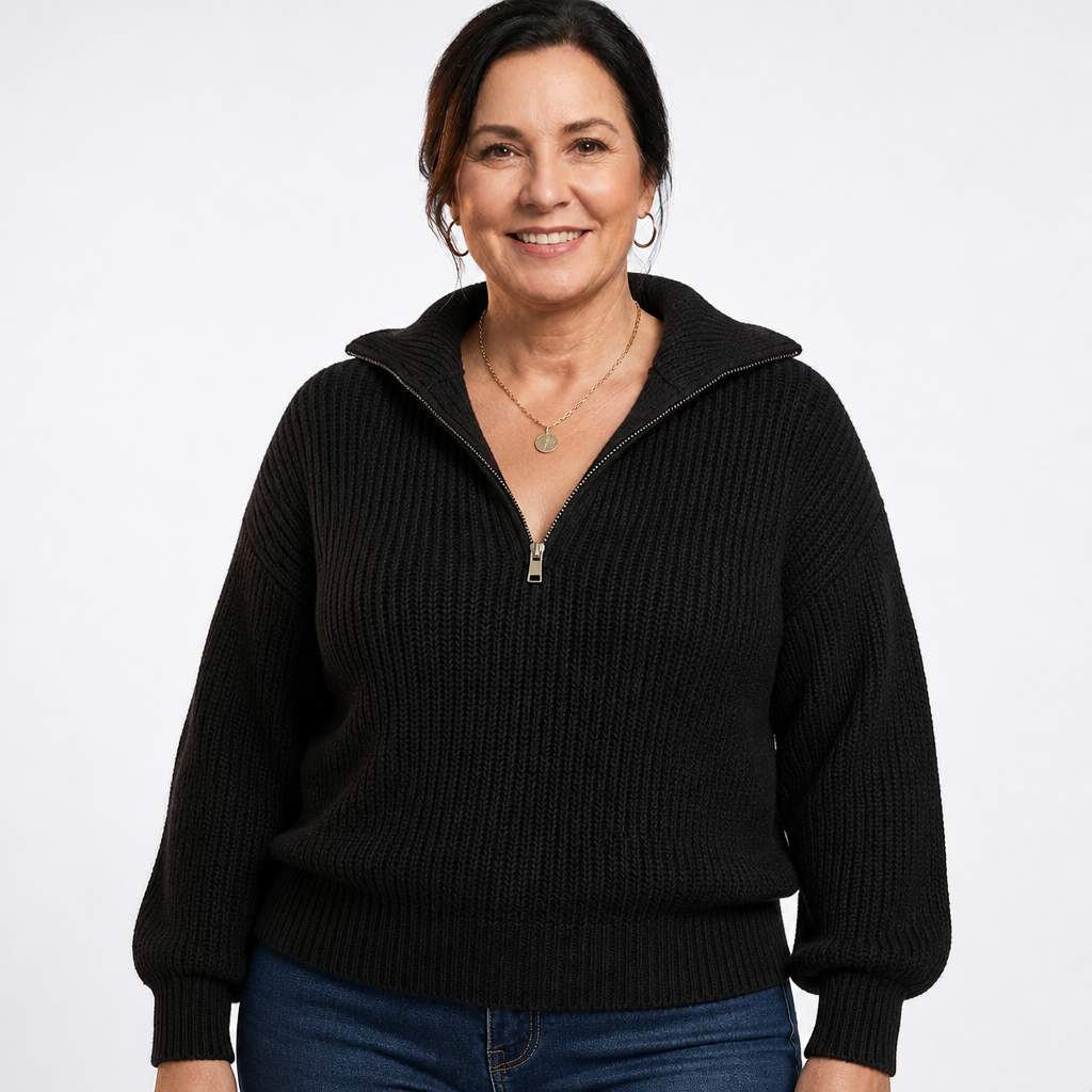Women's Collared Half Zip Chunky Knit Sweater - Black