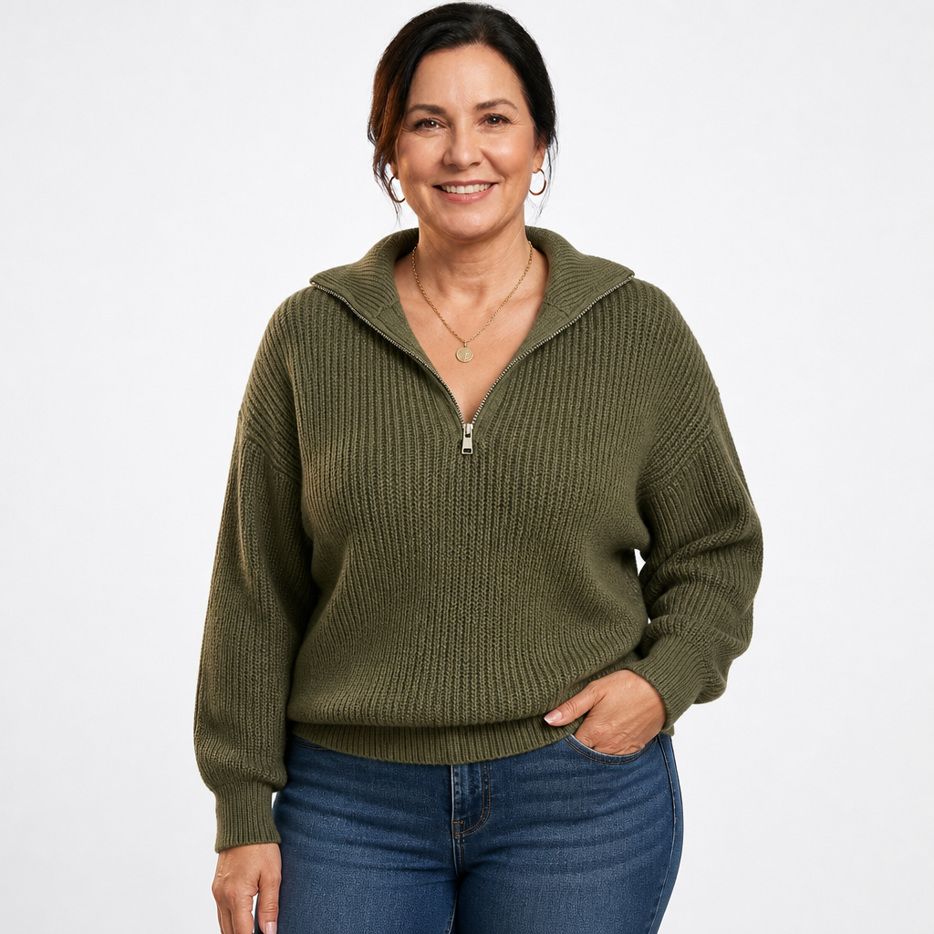 Women's Collared Half Zip Chunky Knit Sweater - Olive Green