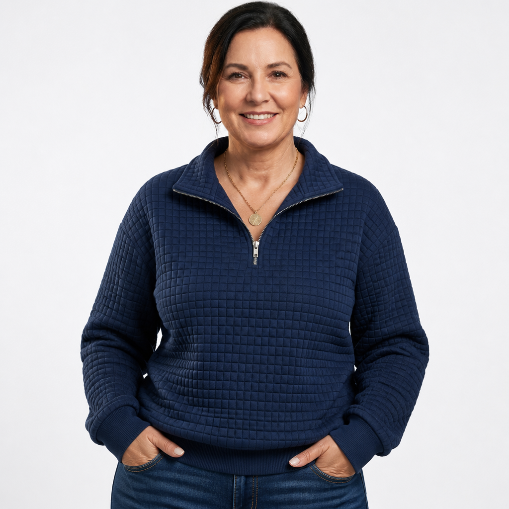 Women's Plus Size Quilted Quarter Zip Pullover - Navy Blue