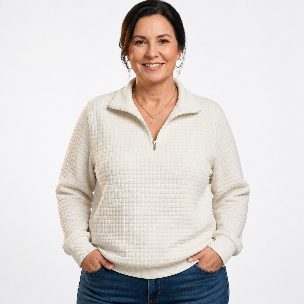 Women's Plus Size Quilted Quarter Zip Pullover - Beige