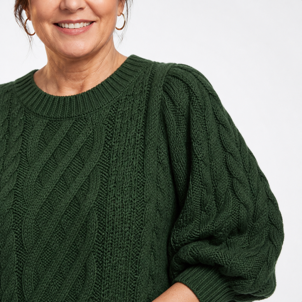 Women's Plus Size Bubble Sleeve Cable Knit Sweater Dress - Green detail