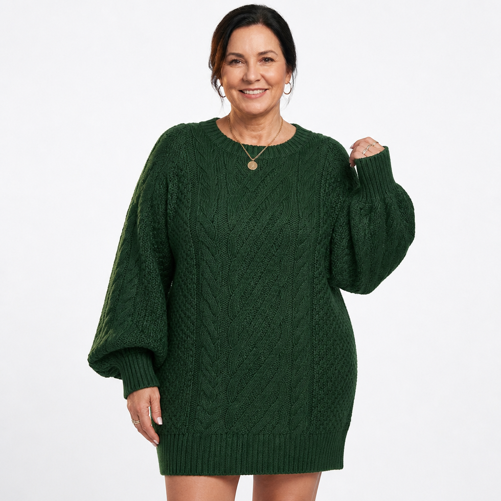 Women's Plus Size Bubble Sleeve Cable Knit Sweater Dress