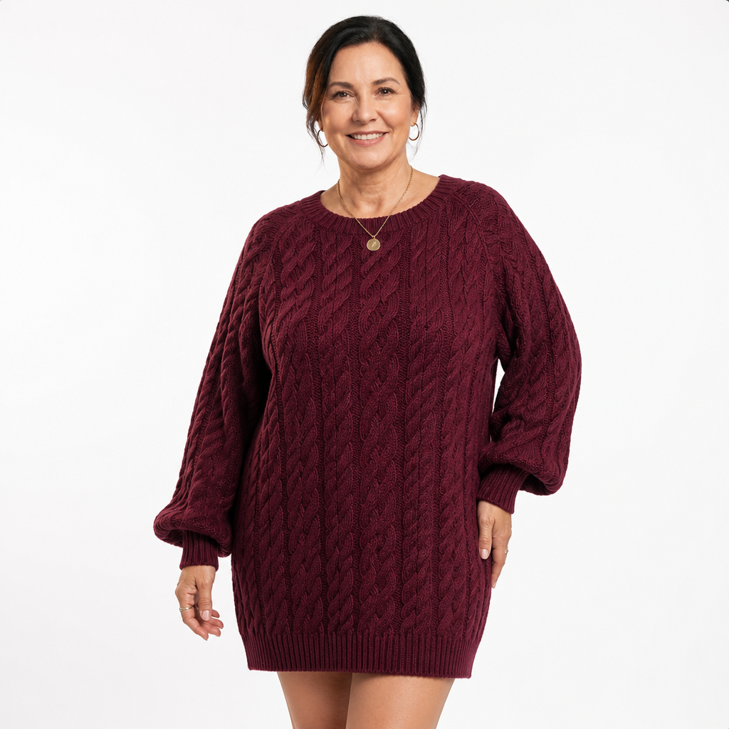 Women's Plus Size Bubble Sleeve Cable Knit Sweater Dress - Burgundy