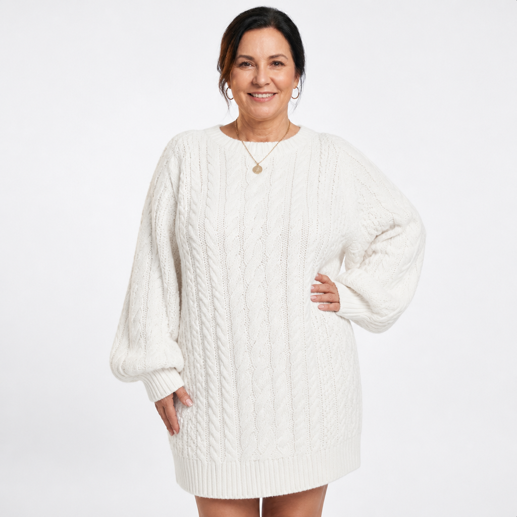 Women's Plus Size Bubble Sleeve Cable Knit Sweater Dress - White