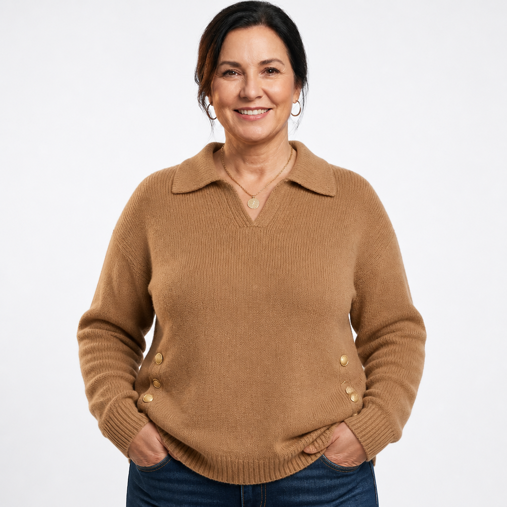 Women's Plus Size Johnny Collar Knit Sweater - Brown