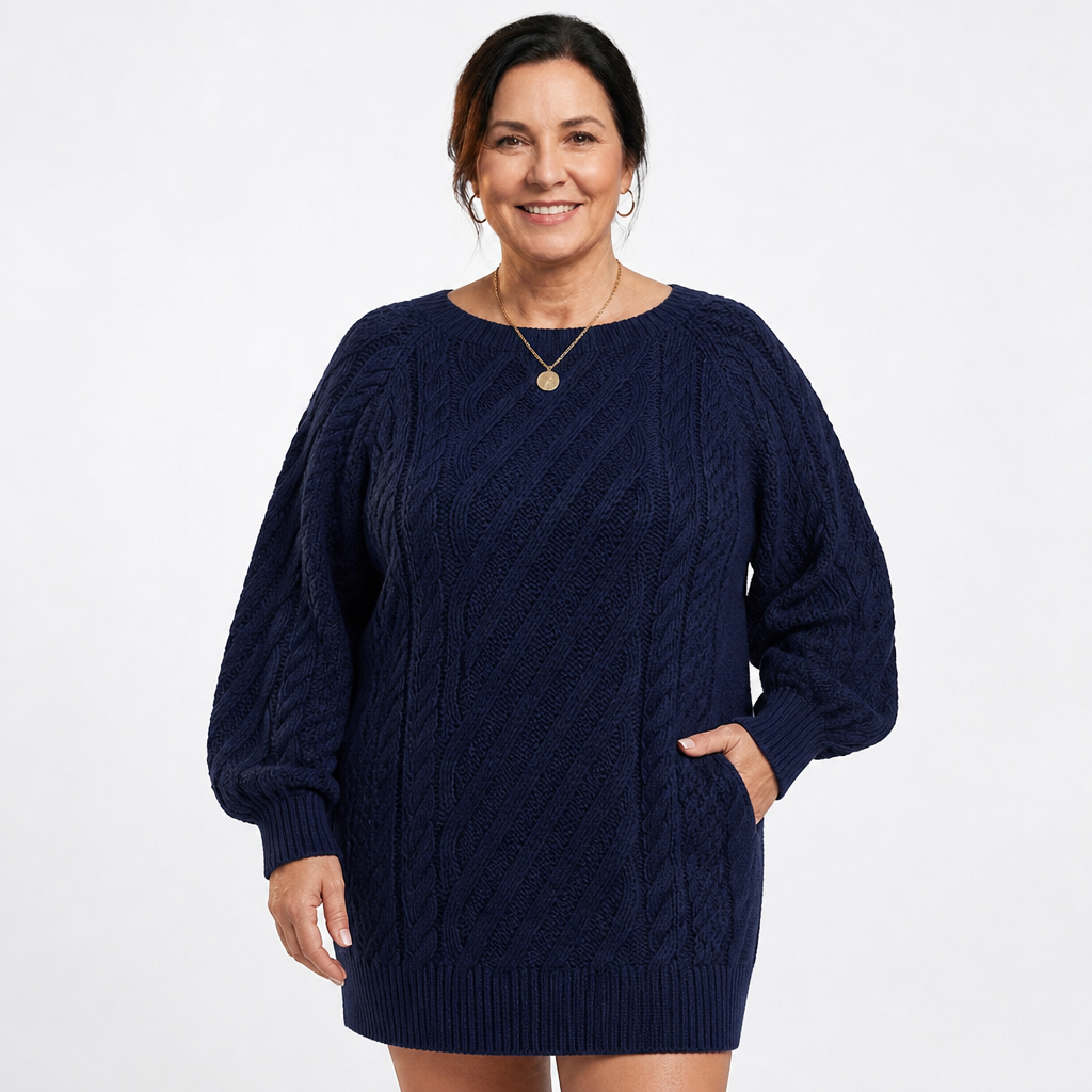 Women's Plus Size Bubble Sleeve Cable Knit Sweater Dress - Navy Blue