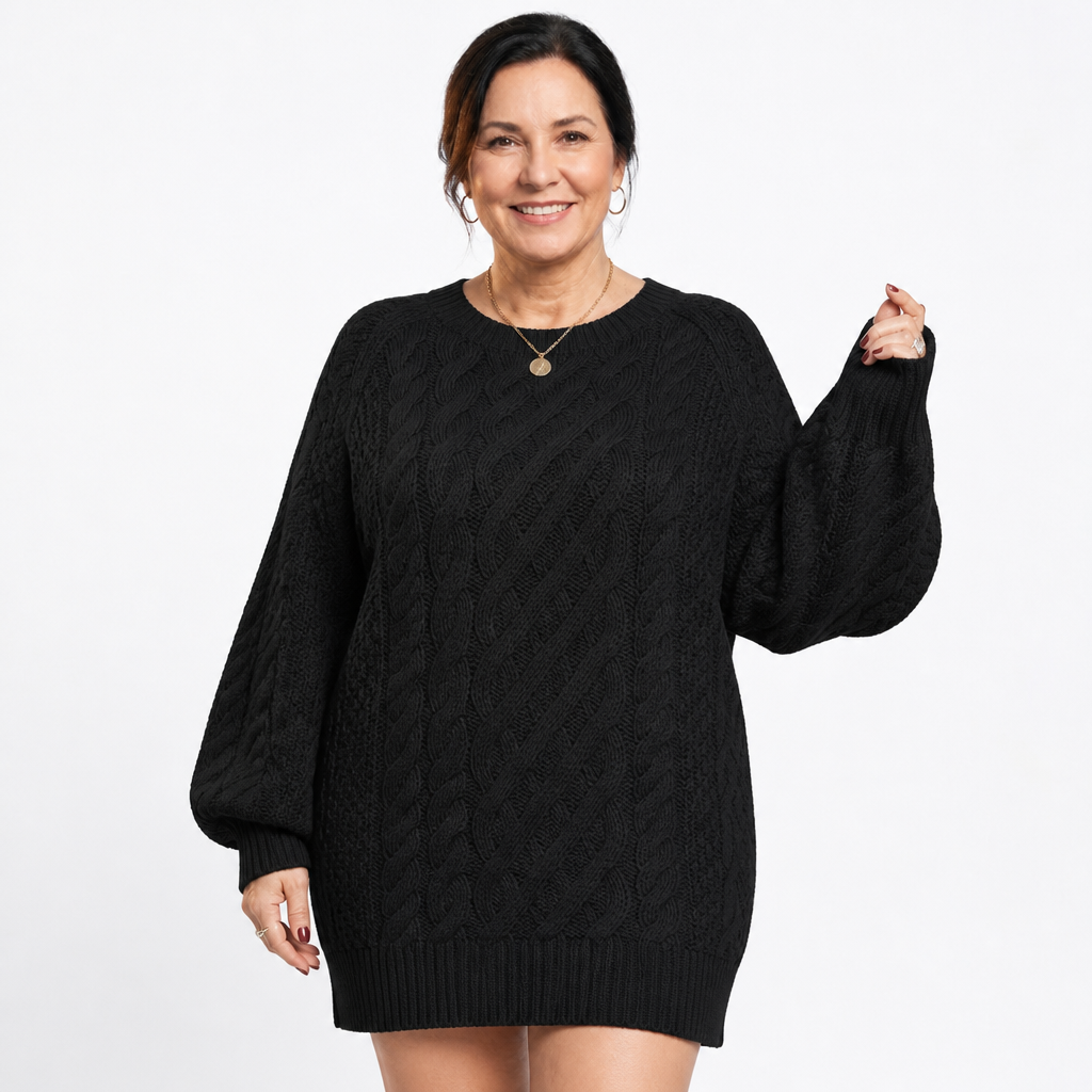 Women's Plus Size Bubble Sleeve Cable Knit Sweater Dress - Black